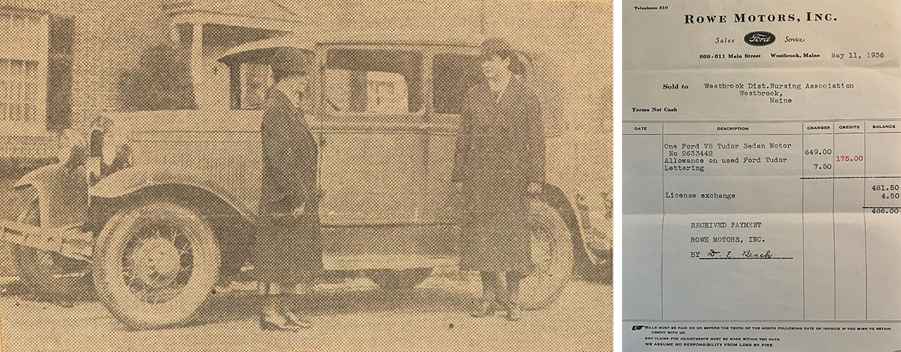 left: historic photo of two nurses with Ford Sedan, right: historic invoice for Ford Sedan
