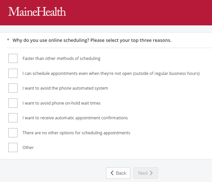screencap of a sample question in a MaineHealth listens survey