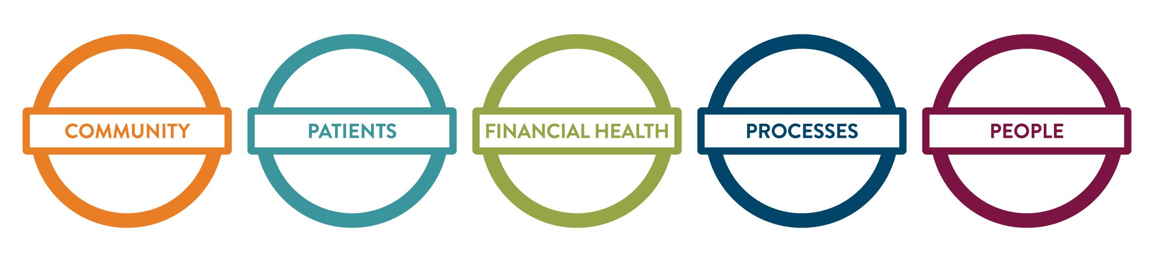 five circles with text in center, each representing a priority topic: community, patients, financial health, processes, people